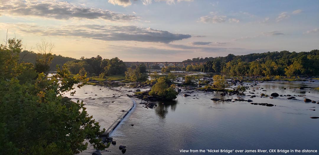 View from over the Nickel Bridge with the CRX train bridge in the distance View from over the Nickel Bridge with the CRX train bridge in the distance