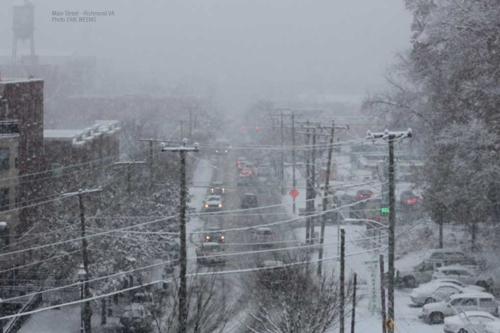 Main Street Snow Richmond Virginia from Libbey Park