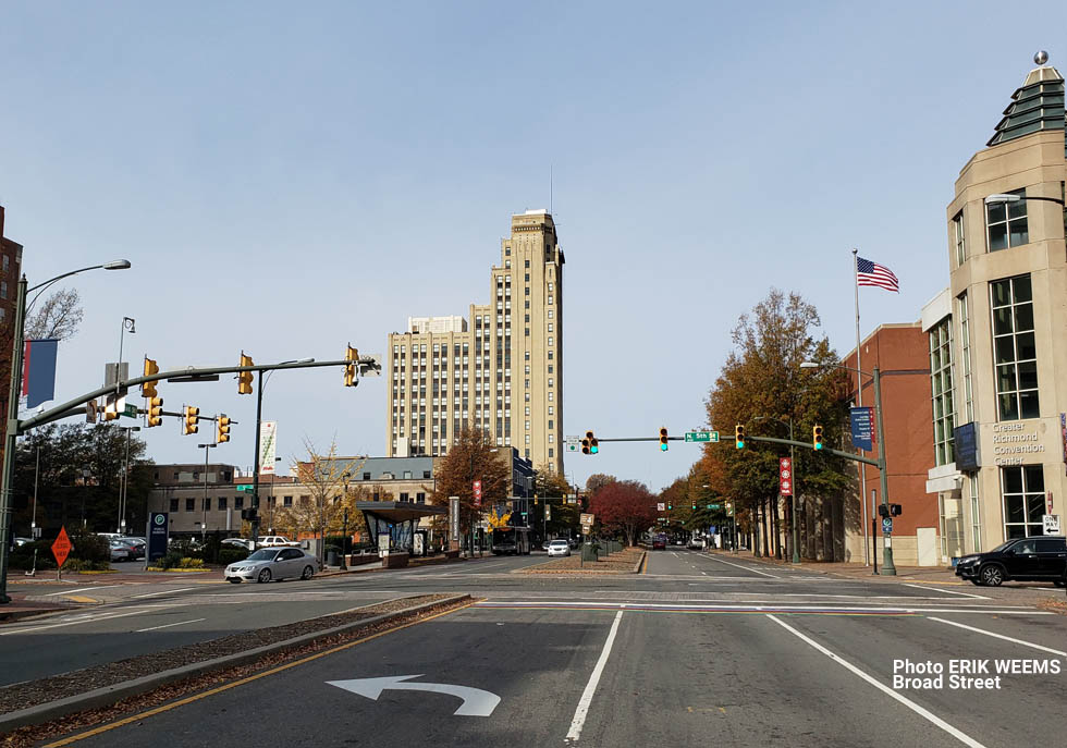 Broad Street Richmond Virginia looking at the CNB Central National Bank Building Art Deco Arts Apartment Building 