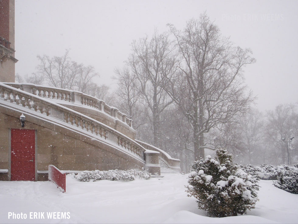 Steps of the Carillon tower in the snow