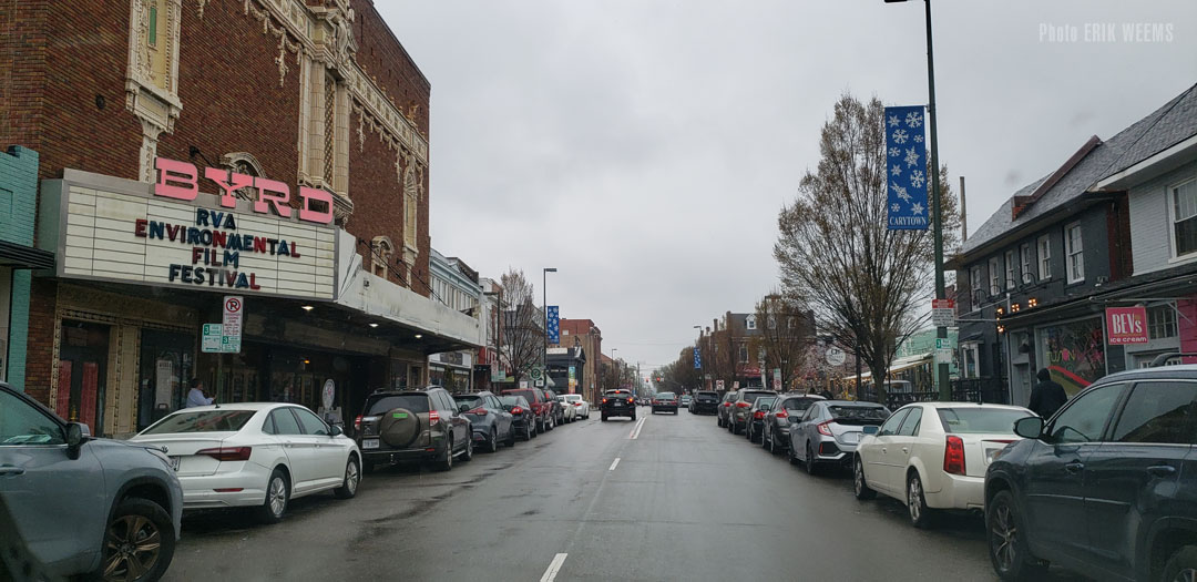 Byrd Theatre in Carytown with marquee saying Environmental Film Festival