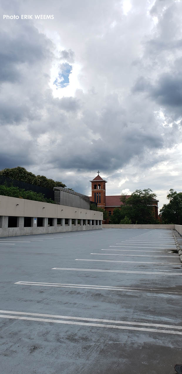 Parking deck view of Cristo Rey Tower